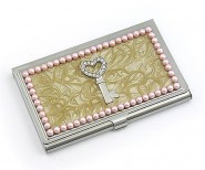 Business Card Holder - Enamel Accented w/ Pearl - Pink